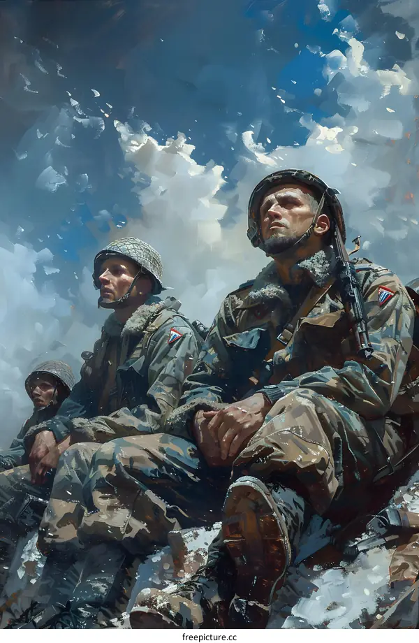Three soldiers in winter gear are sitting on a snowy mountaintop.
