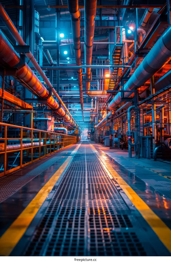 The innards of a factory with many pipes and catwalks