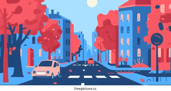 Cartoon City Street with Cars and Trees