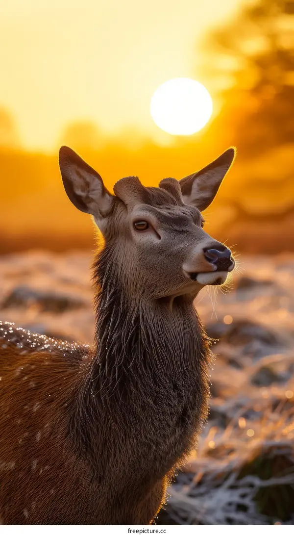 A majestic deer stands in the field at sunset
