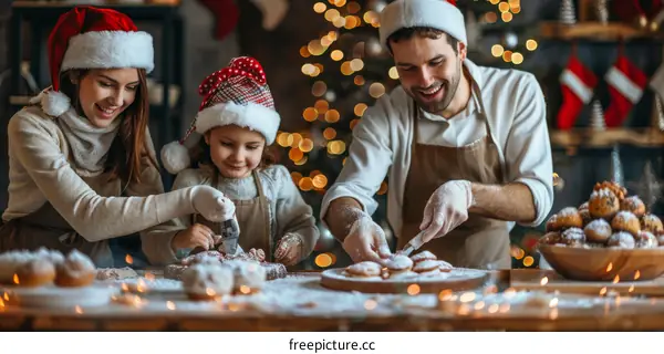 Happy family of three baking Christmas cookies in the kitchen