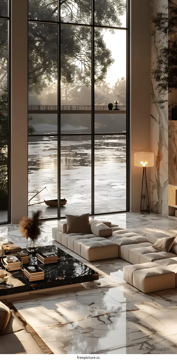 Modern minimalist living room interior with large windows overlooking river and trees