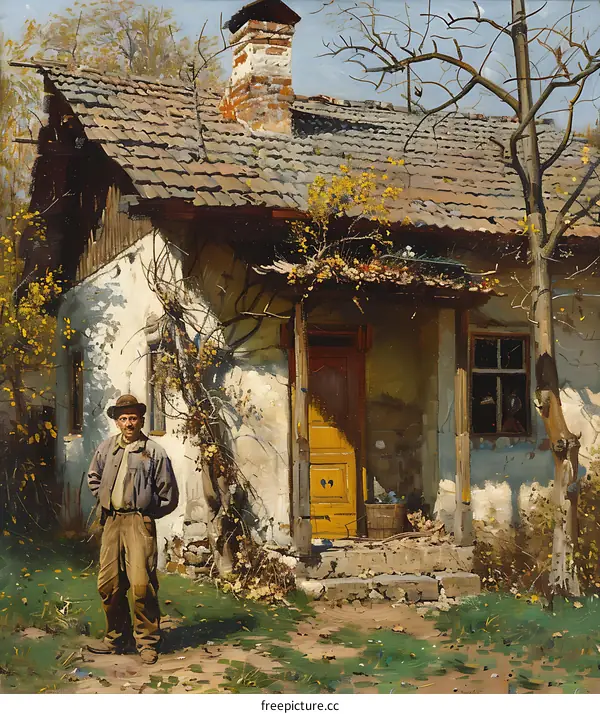 A Man with a Hat Standing in Front of a Dilapidated House