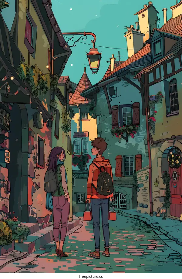 Couple Walking in a European Village Illustration