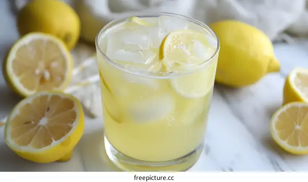 Glass of Lemon Soda with Ice and Lemon Slices