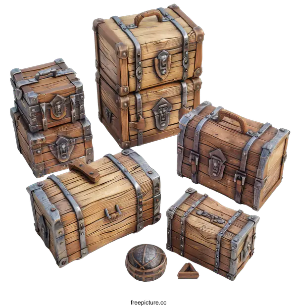 [Transparent Background PNG]A variety of wooden chests and barrels