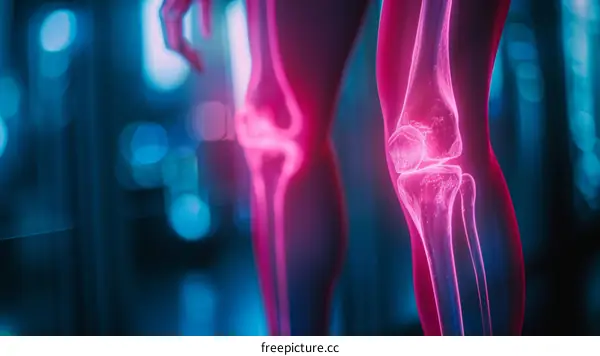 Pink highlighted knee joint of a human skeleton