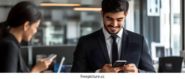 Smiling Businessman Checking Phone in Office