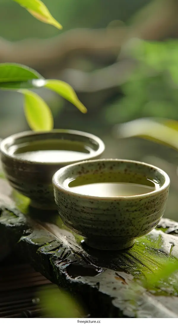 Two ceramic cups of green tea on a wooden table with blurred background of green leaves