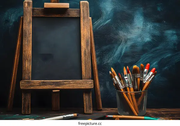 Wooden Easel with Empty Chalkboard and Paint Brushes on Dark Blue Background