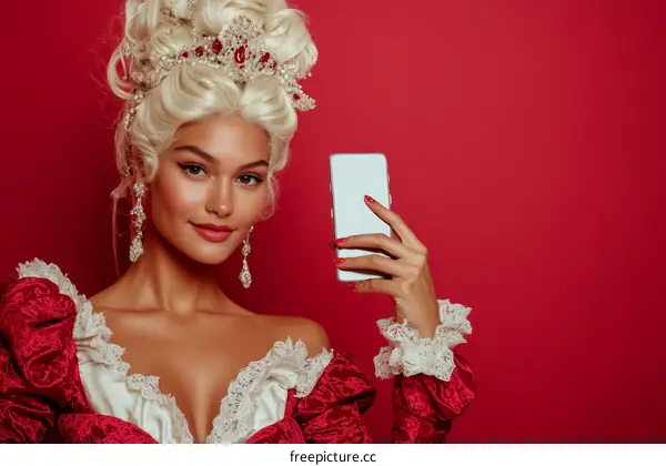 Woman in Baroque Dress Holding Smartphone