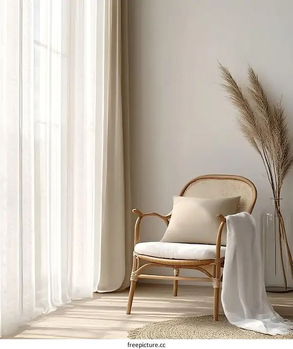 Minimalist Living Room with Rattan Chair and Natural Light