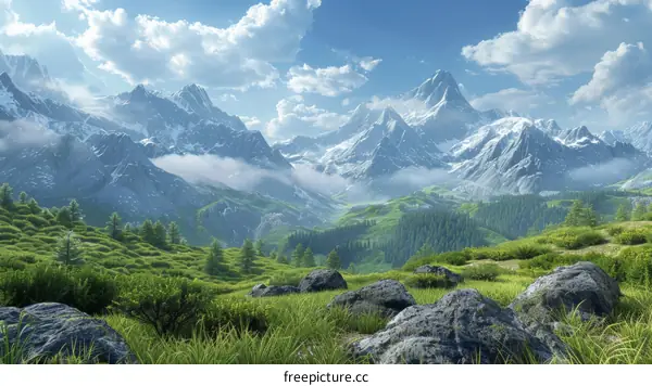 Majestic Mountain Landscape with Lush Green Fields