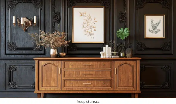 Dark Wall Vintage Wooden Buffet Interior Design