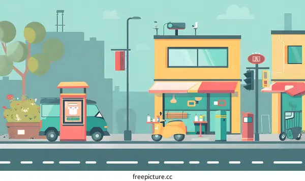 Cityscape Illustration with Buildings, Shops and Vehicles