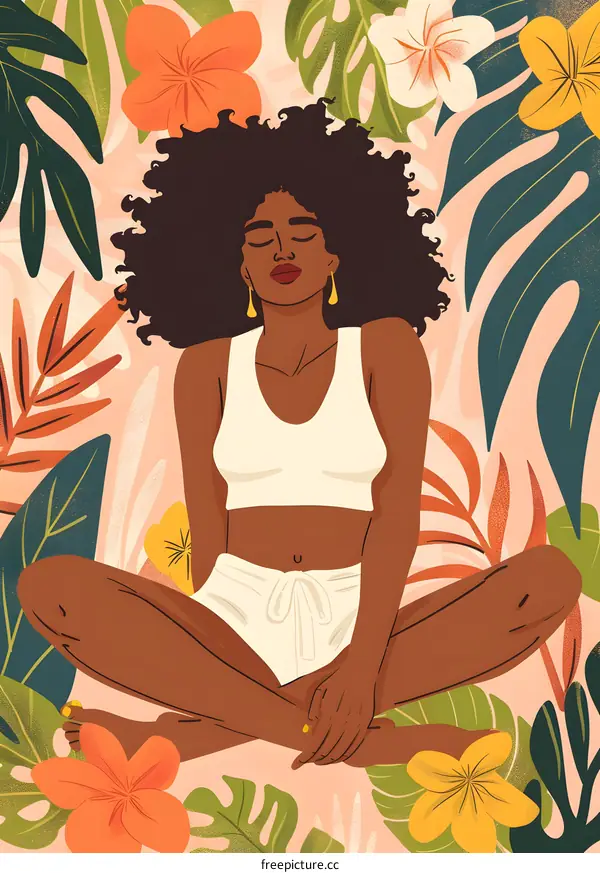 Woman Sitting With Closed Eyes In Tropical Leaves Illustration
