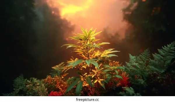 Cannabis Plant in a Misty Forest at Sunrise
