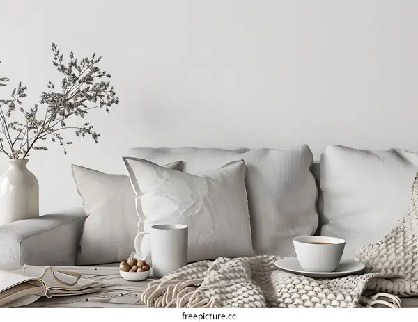 Minimalist Living Room Interior Design with a White Sofa and Blank Wall