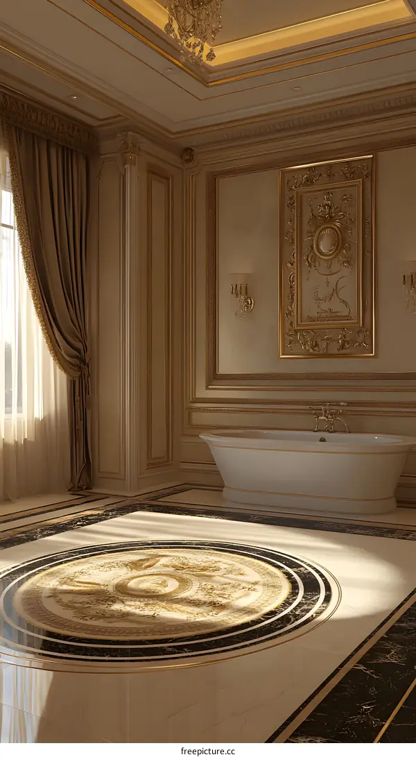 Luxury Bathroom Interior Design with Golden Trim and Marble Floor