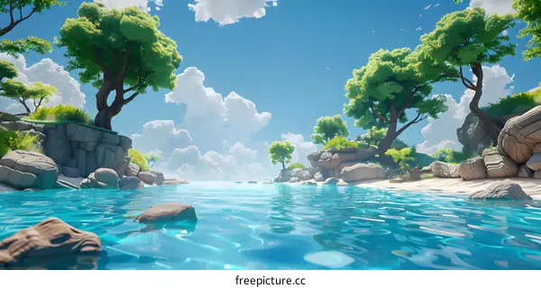 Tranquil Lake Landscape With Lush Trees And Cloudy Sky