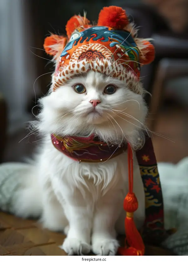 A White Cat with Colorful Hat and Scarf