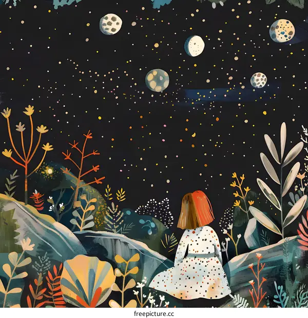 Girl Gazing at Stars and Moon Phases in Night Sky