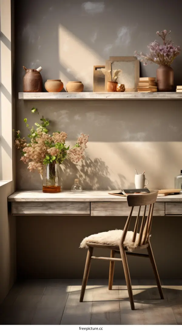 A wooden desk with a vase of flowers and a chair in front of it