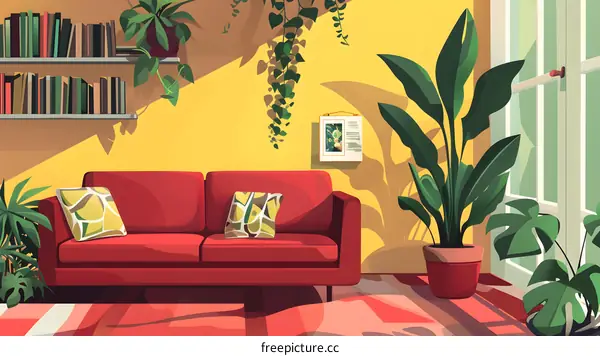 Red Sofa and Plants in a Sunny Living Room