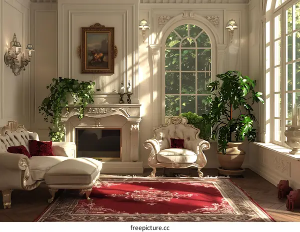 A fireplace with a armchair and chaise lounge