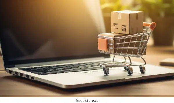 Online shopping concept with shopping cart on laptop keyboard