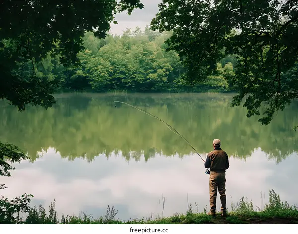 Man Fishing on a Peaceful Lake in the Forest
