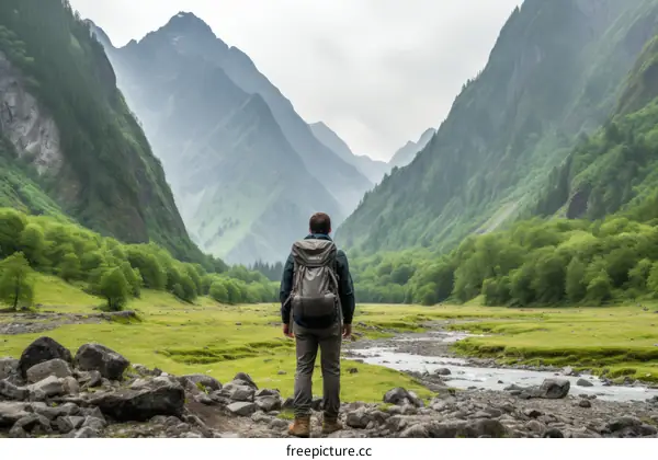 Man standing in a valley looking at the mountains