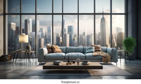 A modern living room with a large window overlooking a city skyline