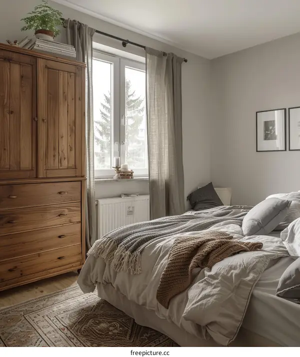 A bedroom with a wooden wardrobe, a bed with white linen and a brown blanket, and a gray curtain.
