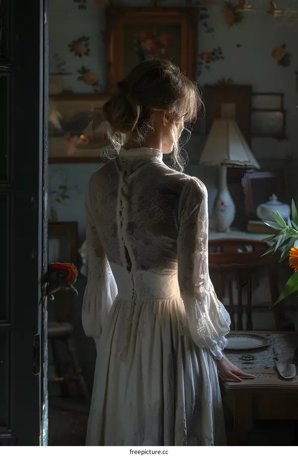 A woman in a white dress is standing in a dark room.