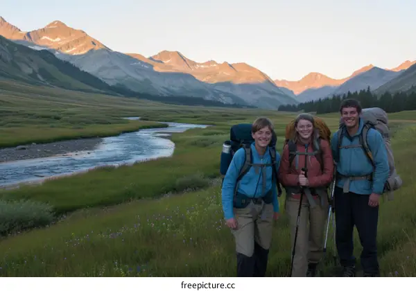 Three backpackers standing in a lush green valley with mountains in the distance