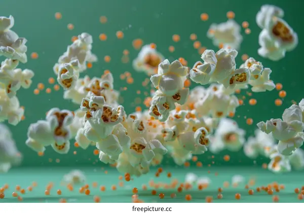 Popcorn in Motion on Green Background