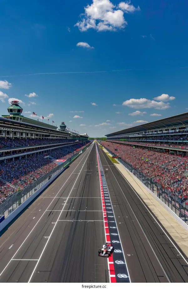 A lone Formula 1 race car speeds down a long straightaway during a race