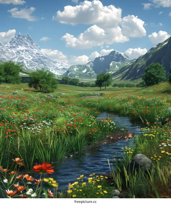 Idyllic Alpine Meadow with Stream and Snow-Capped Mountains