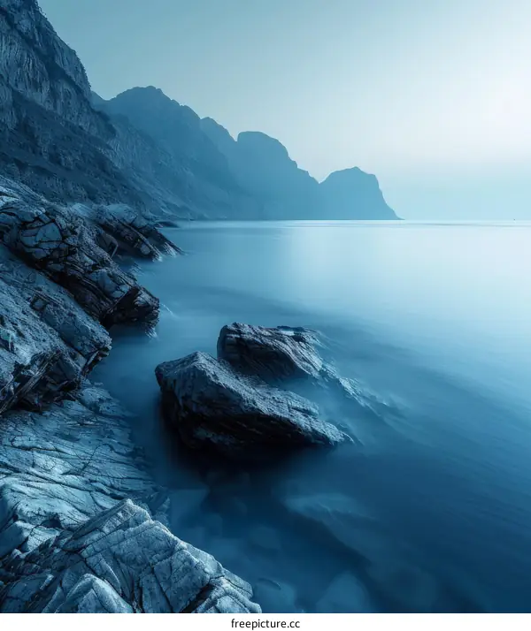 Tranquil Blue Waterscape with Distant Mountain Peaks