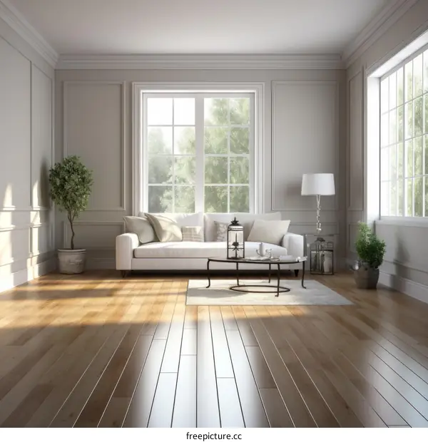 Bright spacious living room with large windows and white sofa