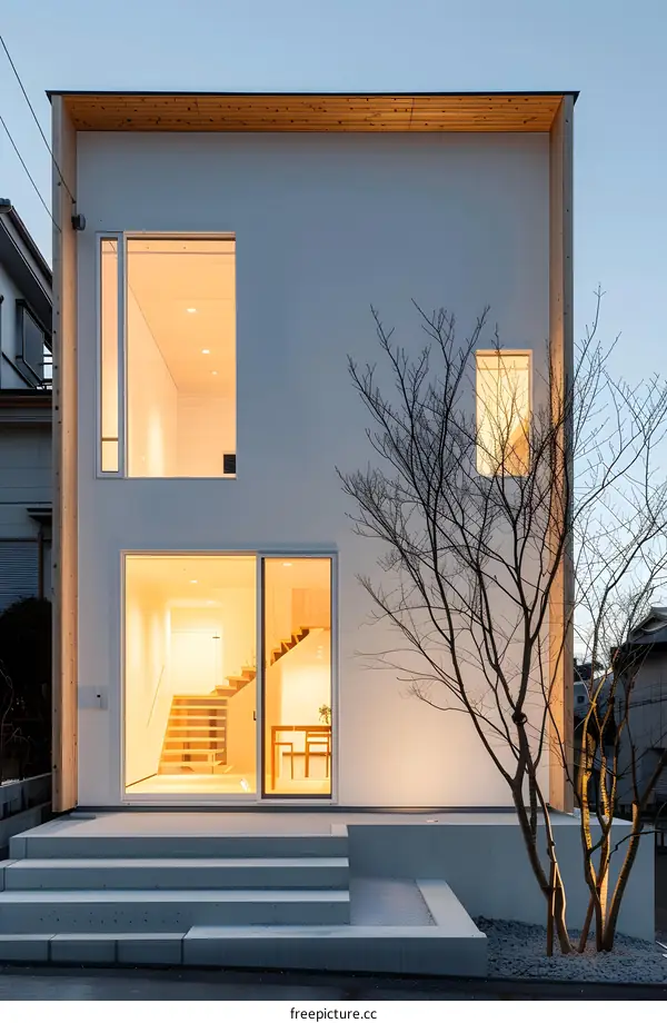 Modern Minimalist White House with Wooden Accents and a Tree