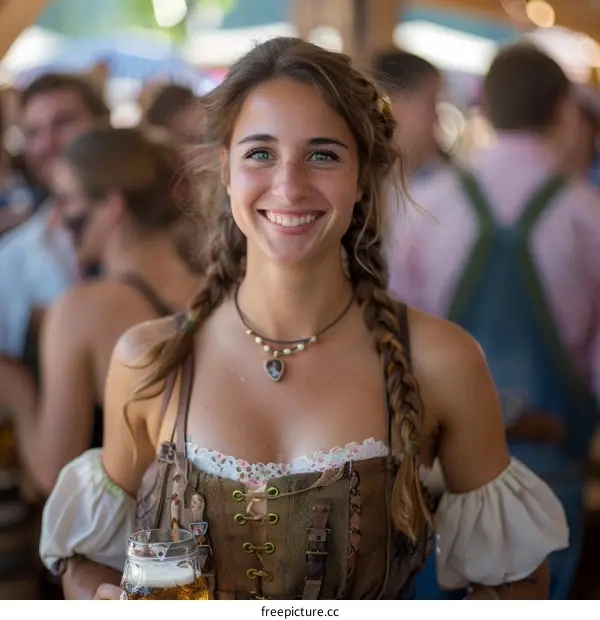 Young woman in a traditional German dress smiling and holding a beer