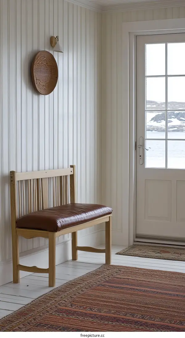 Simple Wooden Bench in a White Hallway
