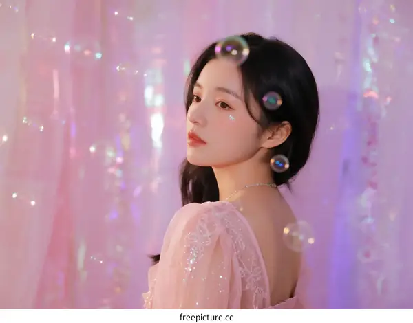 Young Woman in Pink Dress with Bubbles in Soft Light Setting