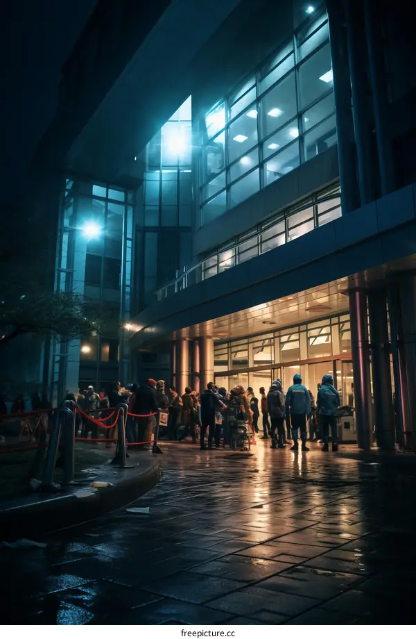 People queuing outside a building at night in the rain