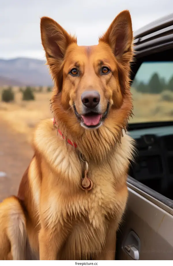 Smiling dog sitting in the back of a car