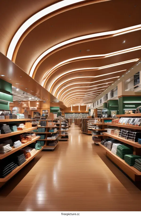 Minimalist Design: Modern Bookstore Interior with Wooden Shelves and Curved Ceiling