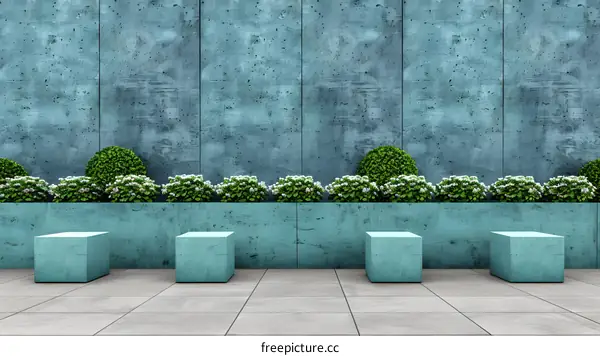 Minimalist Concrete Wall With Green Plants And Seats