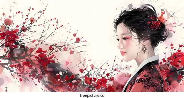 An Asian woman in traditional dress stands in a field of red flowers.